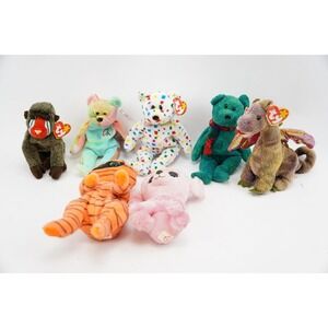 (Lot of 7) Ty Beanie Babies Bear 2k Wallace, Dragon, Baboon, Mummy Poodle